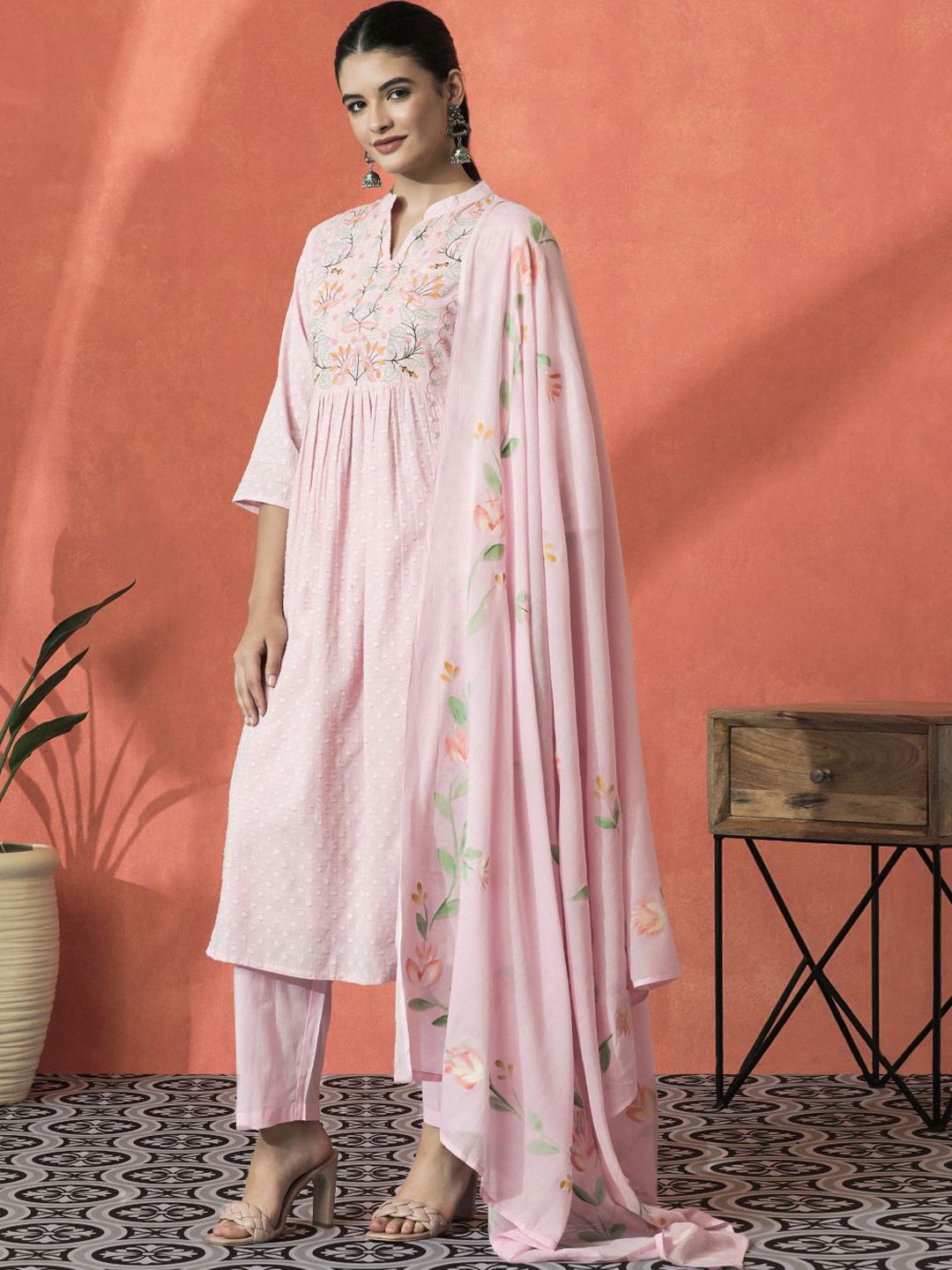 Dhiyona SN Women's Floral Embroidered Mandarin Collar Cotton A-Line Kurta With Trouser & Dupatta