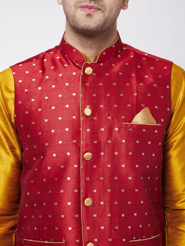 Men's Mustard Silk Blend Straight Jacket Kurta and Dhoti Set