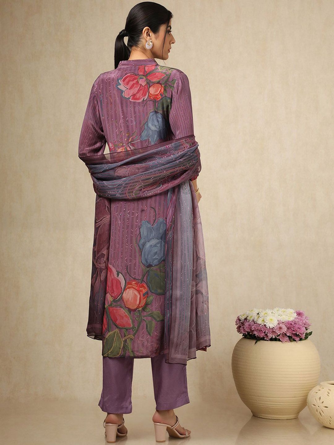 Dhiyona SO Women's Floral Printed Square Neck Beads and Stones Silk Crepe Kurta With Trousers & Dupatta