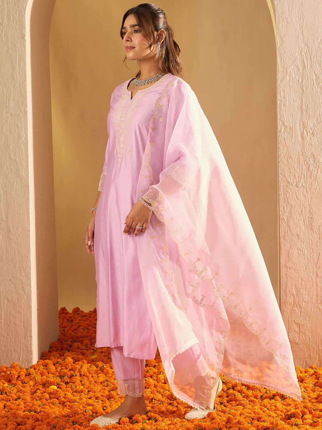 Dhiyona IE Floral Yoke Design Straight Sequinned Liva Kurta with Trousers & Dupatta