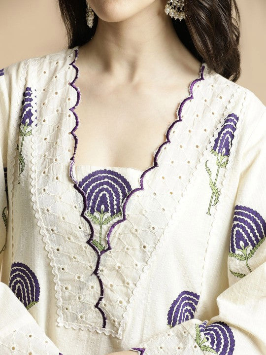 Women's Floral Printed Bell Sleeves Thread Work Pure Cotton A-Line Kurta With Palazzos