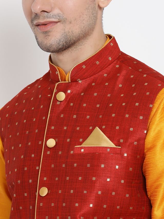 Men's Orange Silk Blend Straight Jacket Kurta and Dhoti Set