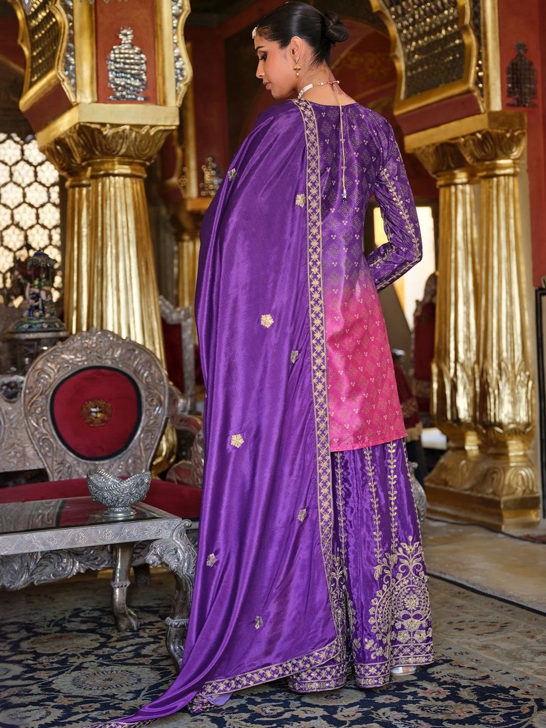 Dhiyona IE Ethnic Motifs Embroidered Thread Work Chinon Kurta with Sharara & With Dupatta