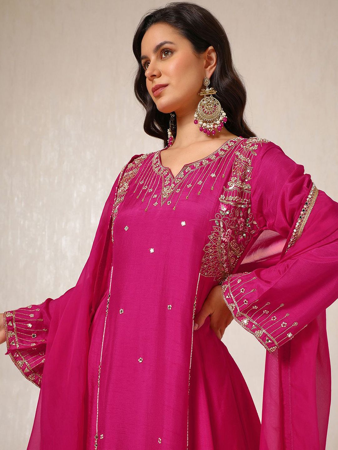 Dhiyona SO Women's Pink Ethnic Motifs Embroidered Mirror Work Dupion Silk Kurta With Palazzos & Dupatta