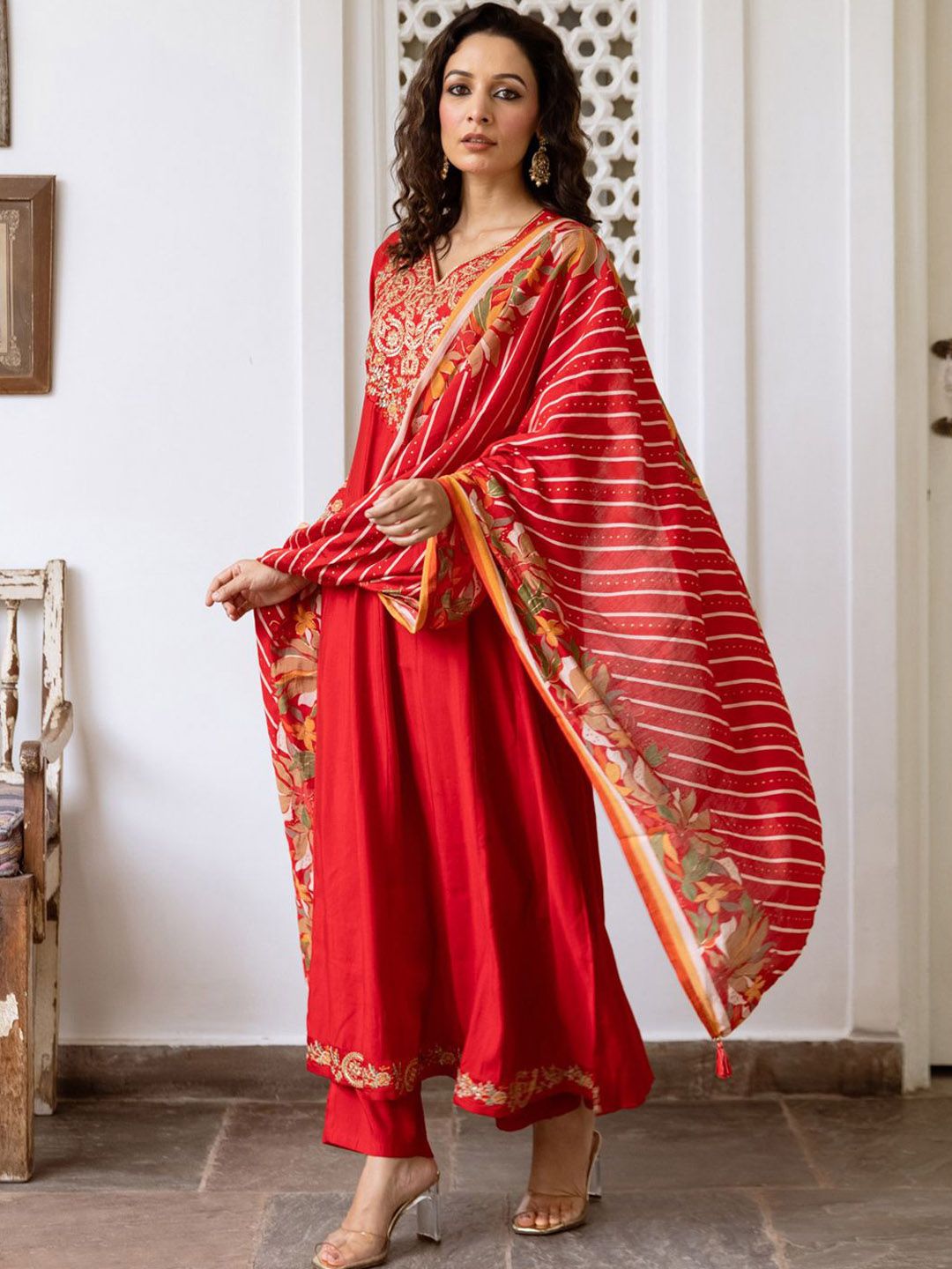 Dhiyona IE Women Ethnic Motifs Embroidered Empire Kurta with Trousers & With Dupatta