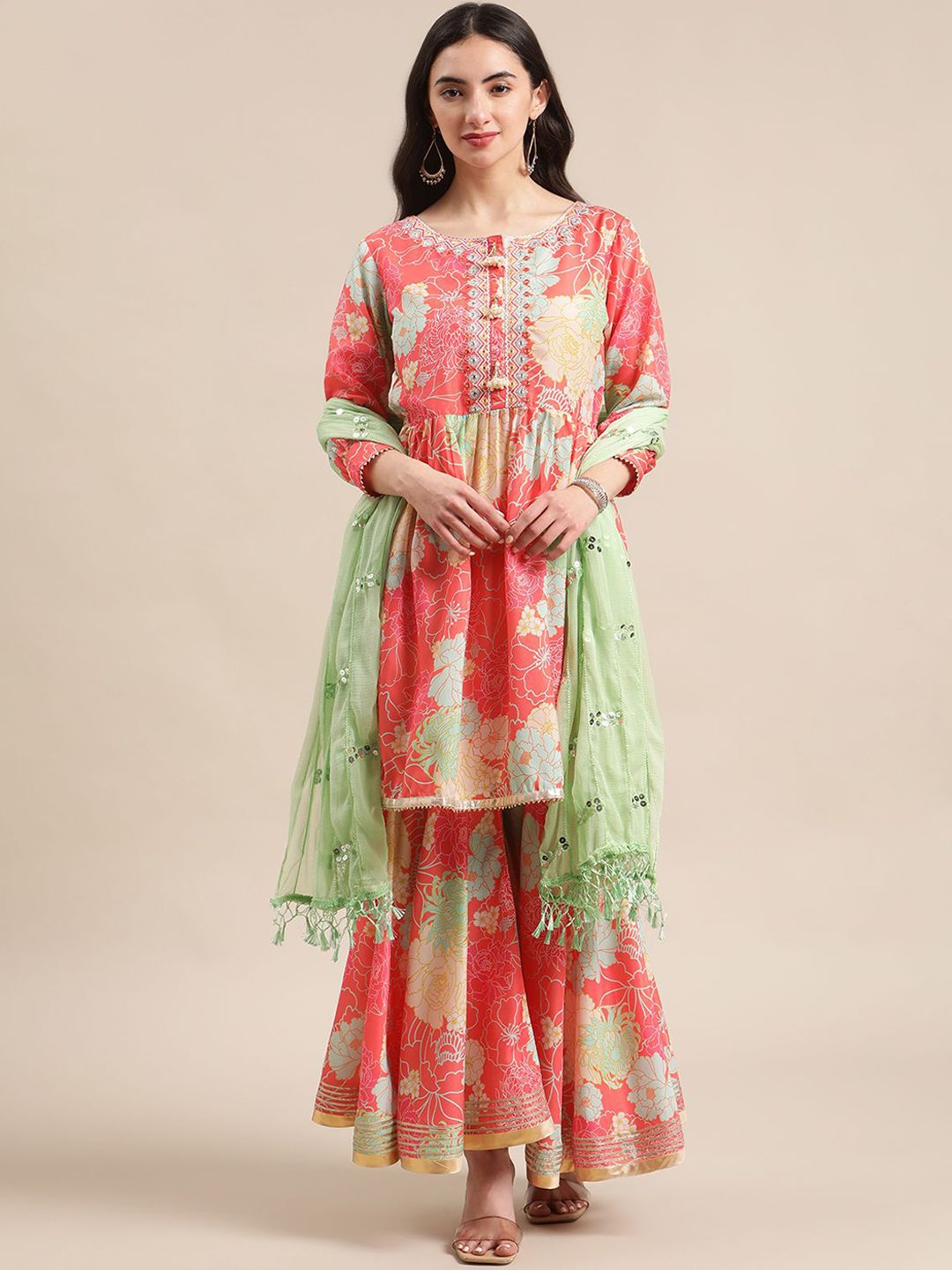 Dhiyona VA Women'sFloral Printed Empire Mirror Work Anarkali Kurta with Sharara & With Dupatta