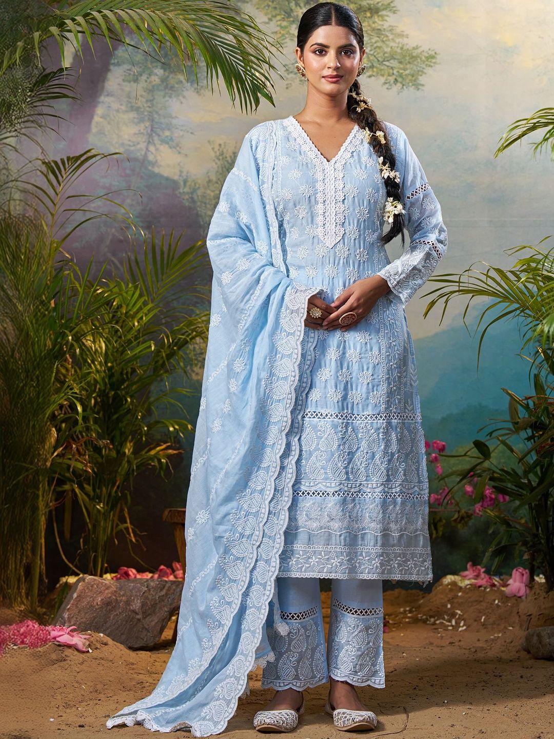 Women Ethnic Motifs Embroidered Regular Chikankari Pure Cotton Kurta with Trousers & With Dupatta