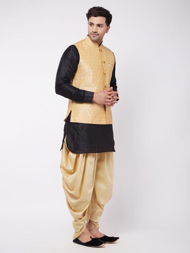 Men's Black Silk Blend Straight Jacket Kurta and Dhoti Set