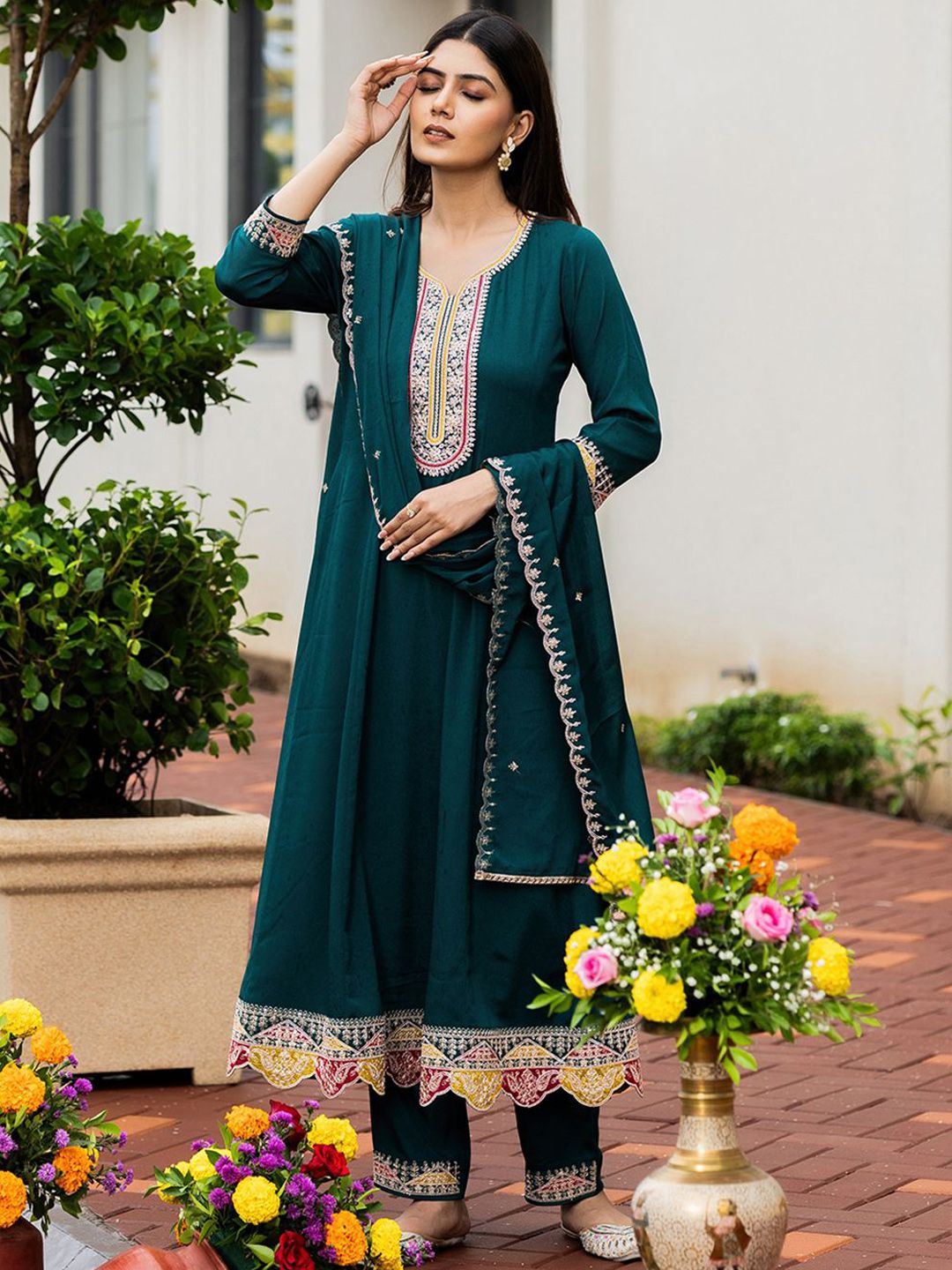 Dhiyona CH Women Floral Embroidered A-Line Kurta with Trousers & Dupatta