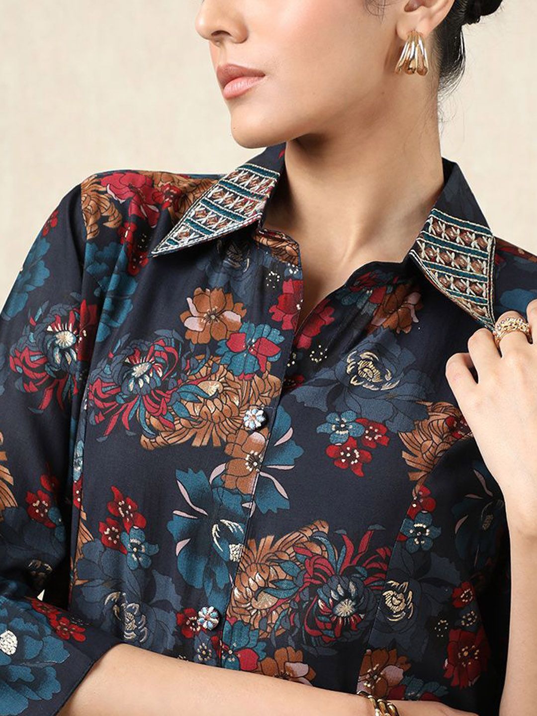 Dhiyona SO Women's Floral Printed Shirt Collar Pure Cotton Straight Kurta With Palazzos