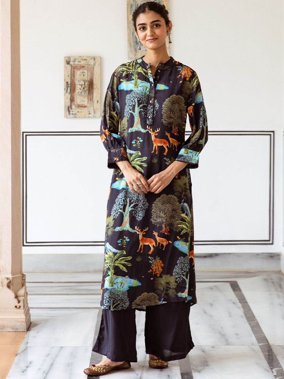 Dhiyona IS Women's Floral Printed Round Neck Three Quarter Sleeves Straight Kurta With Palazzos