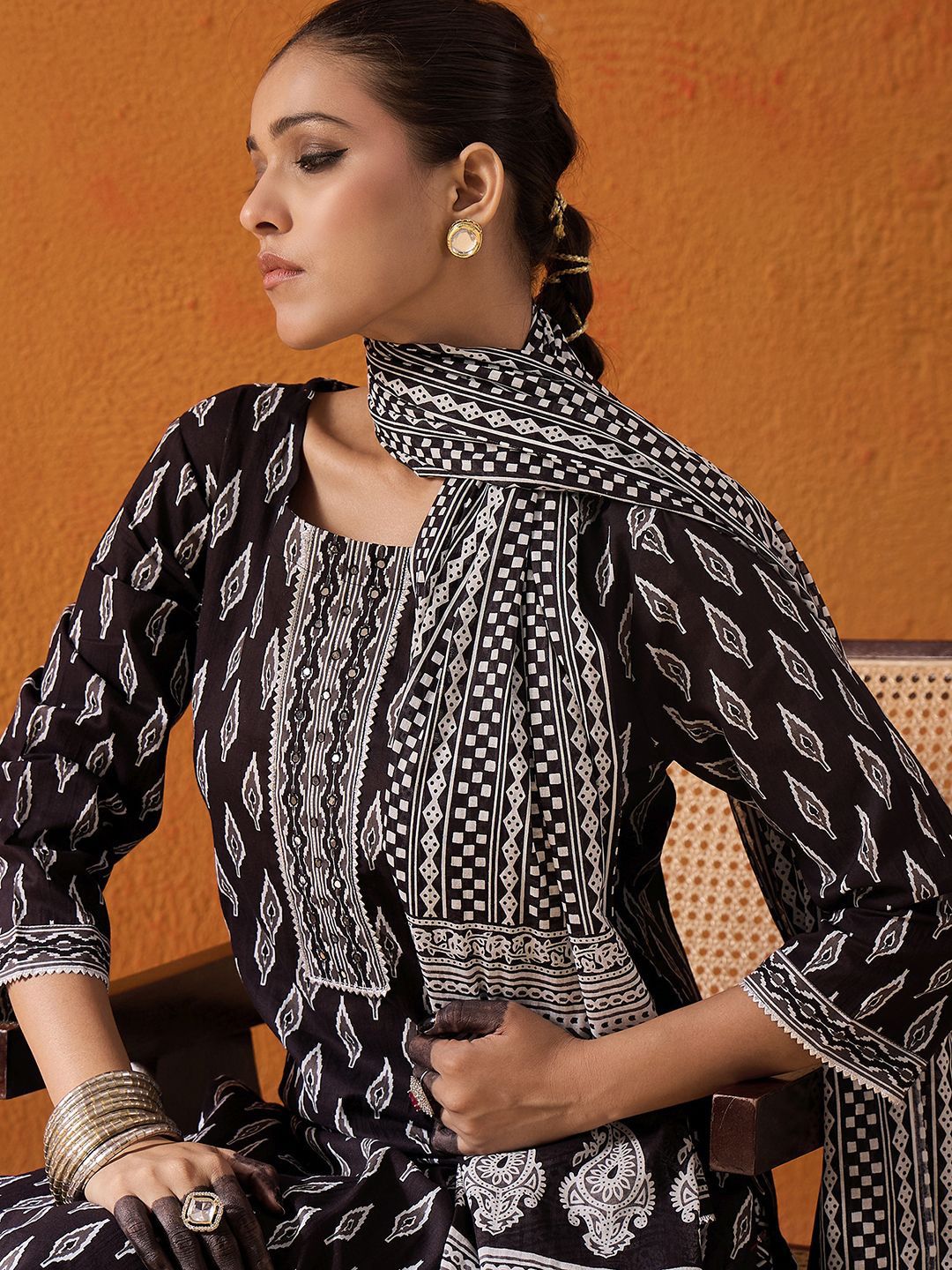 Dhiyona IE Geometric Printed Mirror Work Pure Cotton Straight Kurta With Palazzos & Dupatta