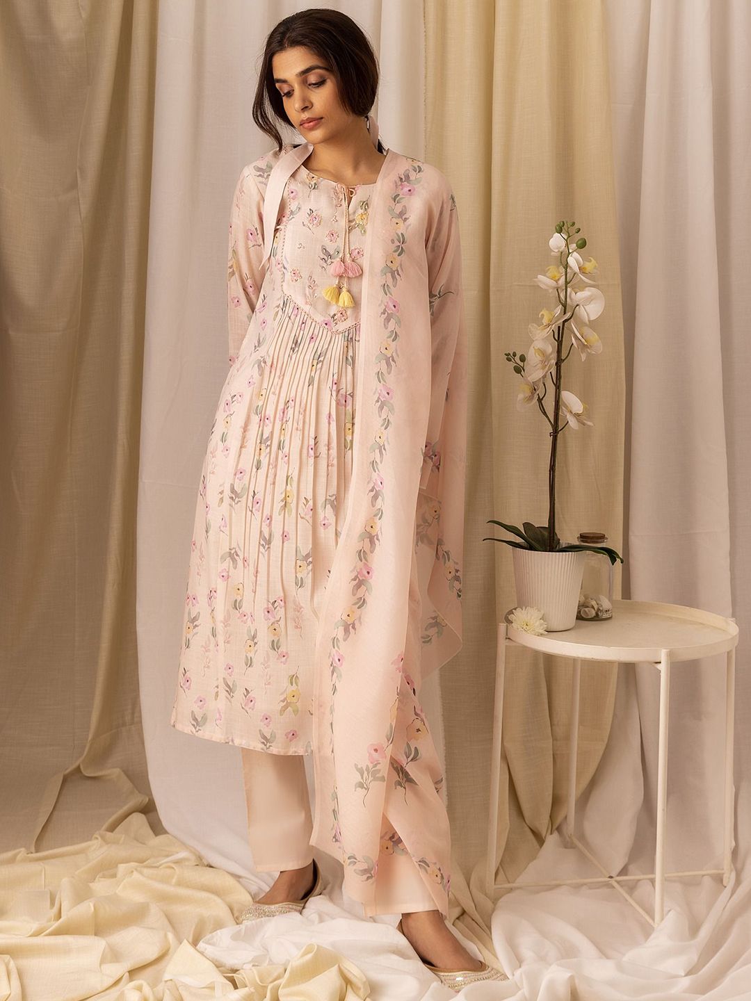 Dhiyona OD Floral Printed Pleated Style A-Line Kurta With Trousers & Dupatta