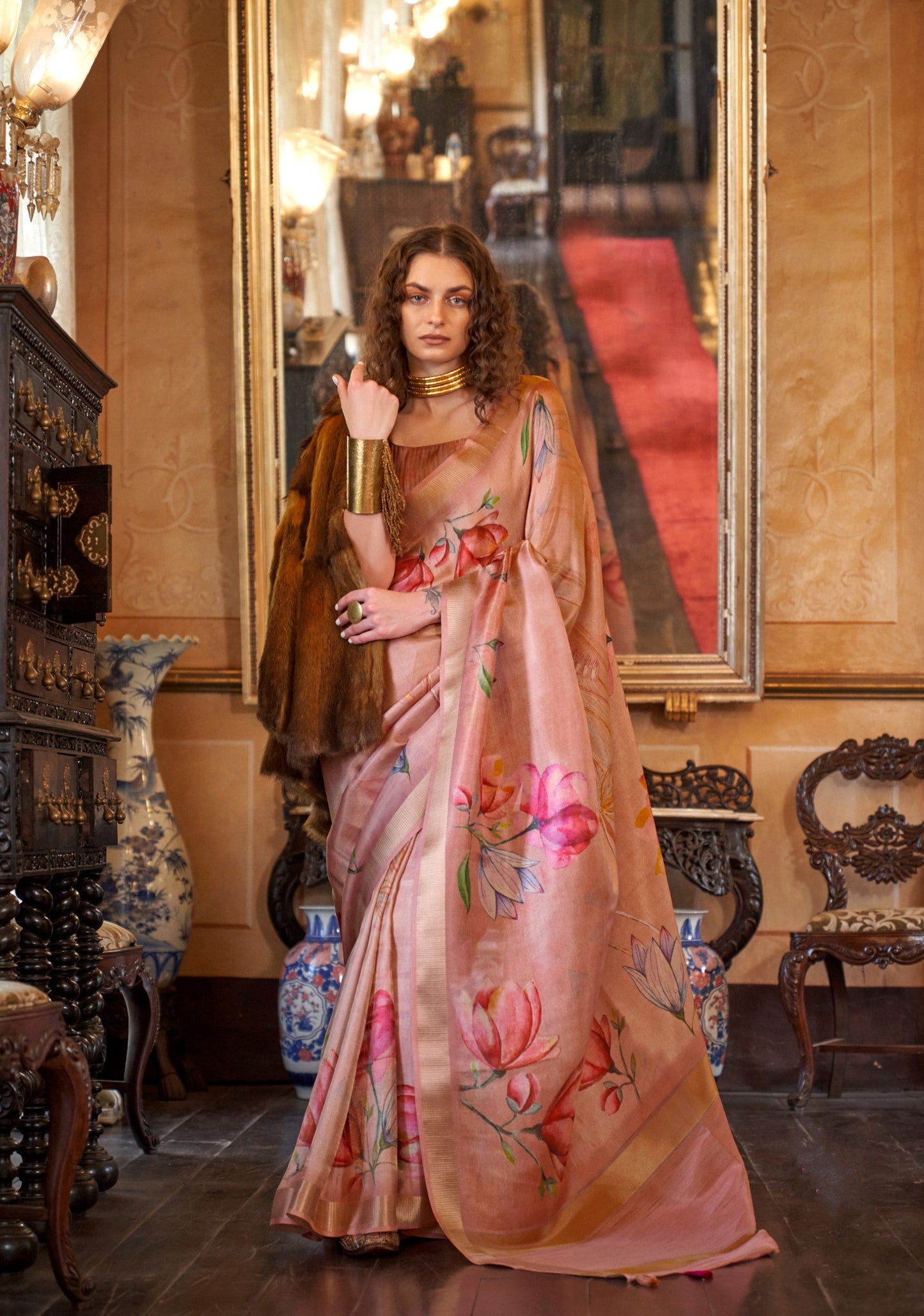 Dhiyona GR Women's Queen Peach Banarasi Digital Soft Silk Saree