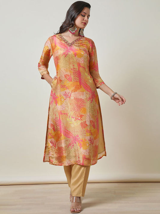 Dhiyona SO Women's Floral Printed Straight Kurta with Trousers