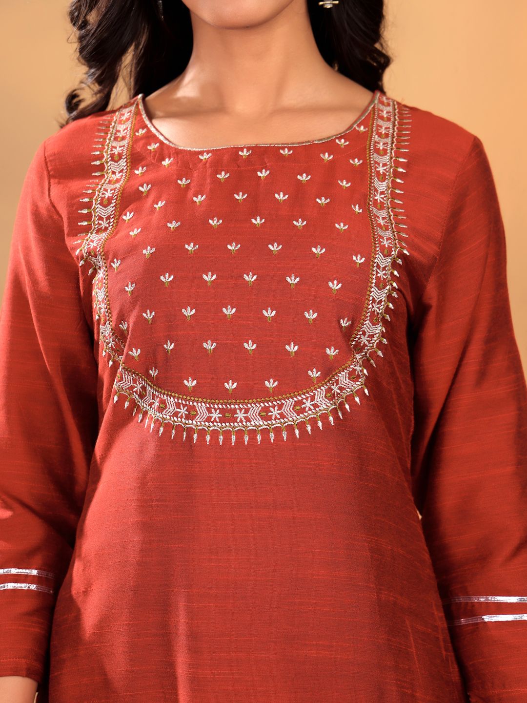 Dhiyona VA Women'sMaroon Floral Yoke Design Thread Work Straight Kurta With Trousers & Dupatta