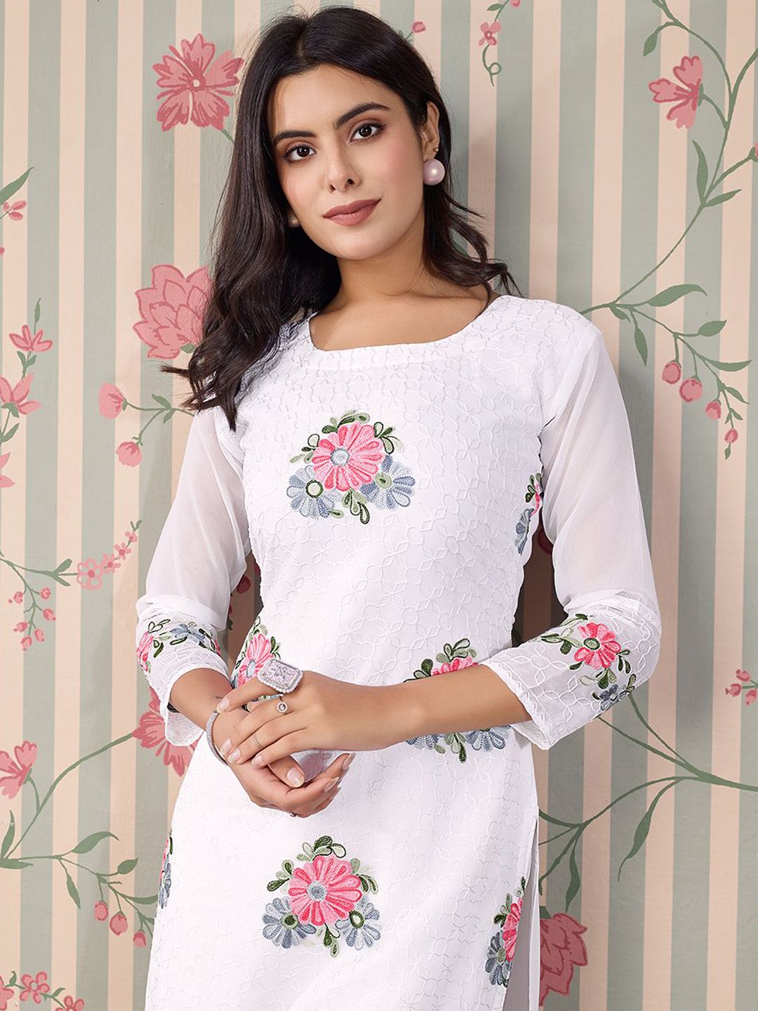 Dhiyona OD Floral Embroidered Thread Work Floral Georgette Straight Kurta