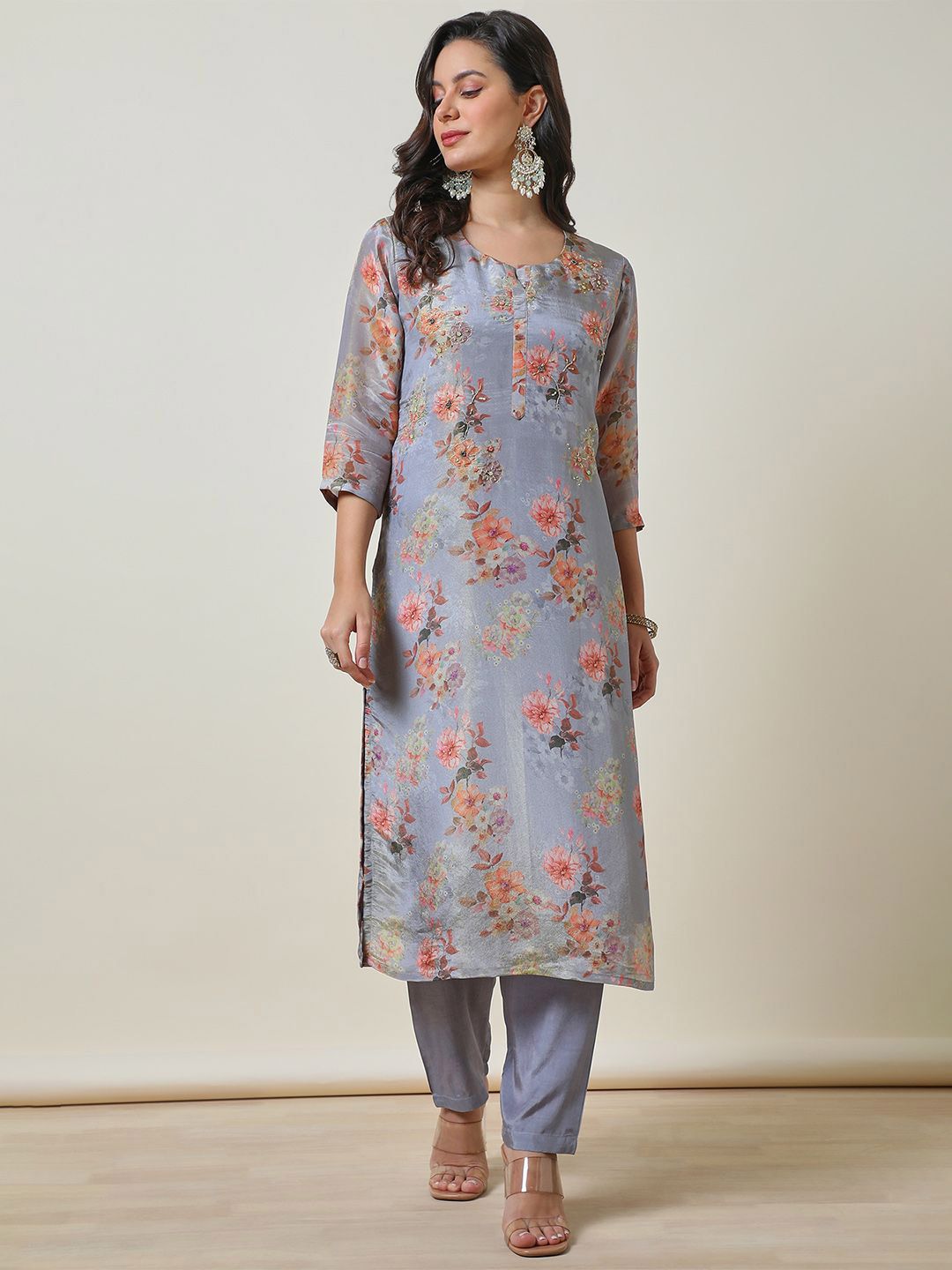 Dhiyona SO Women's Blue Floral Printed Beads and Stones Straight Kurta With Trousers