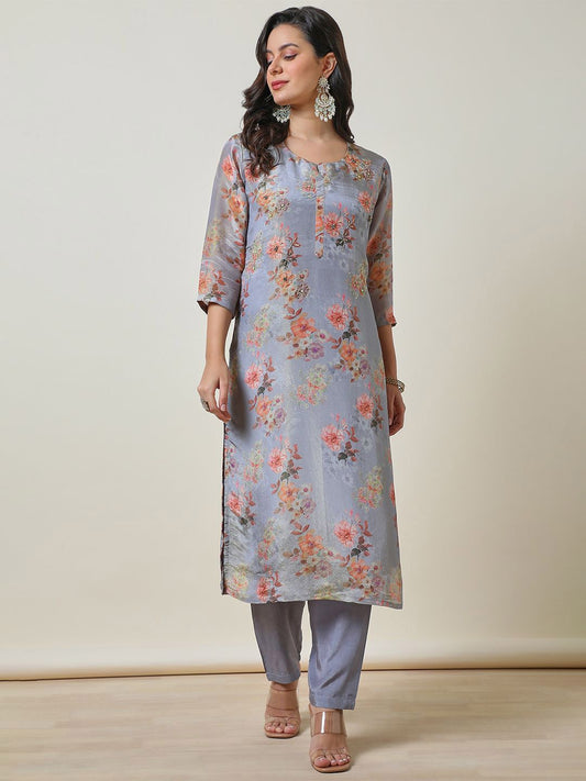 Dhiyona SO Women's Blue Floral Printed Beads and Stones Straight Kurta With Trousers