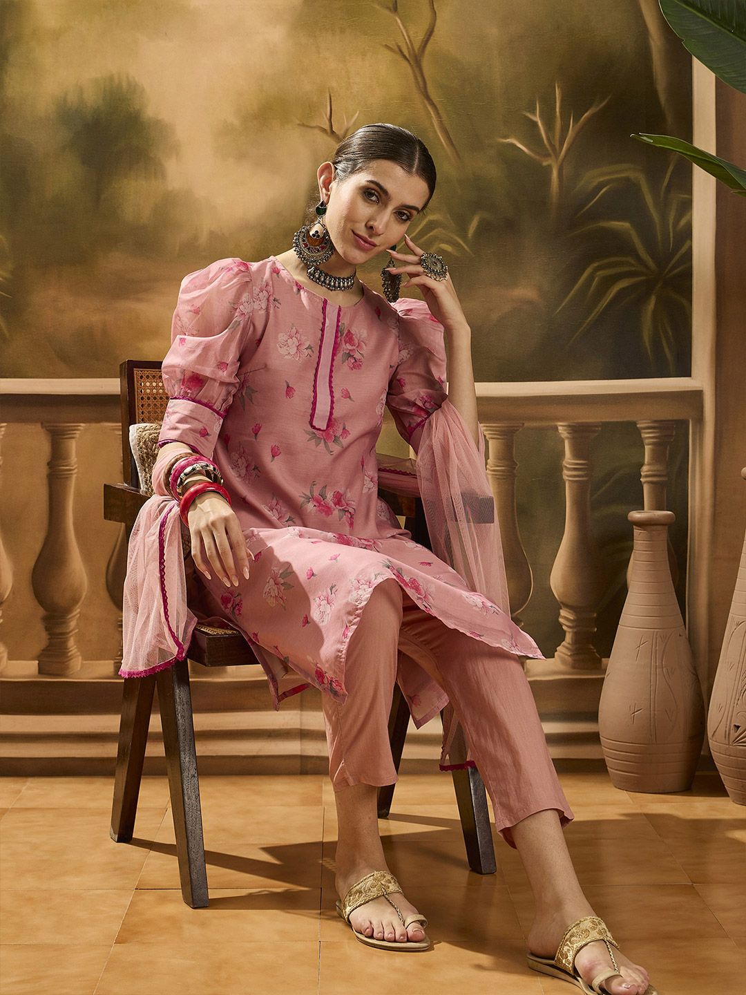 Dhiyona SN Women's Floral Printed Puffed Sleeves Chanderi Silk Straight Kurta With Trousers & Dupatta