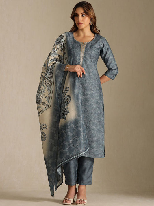 Dhiyona SO Women's Floral Printed Notch Neck Zardozi Straight Kurta With Trousers & Dupatta