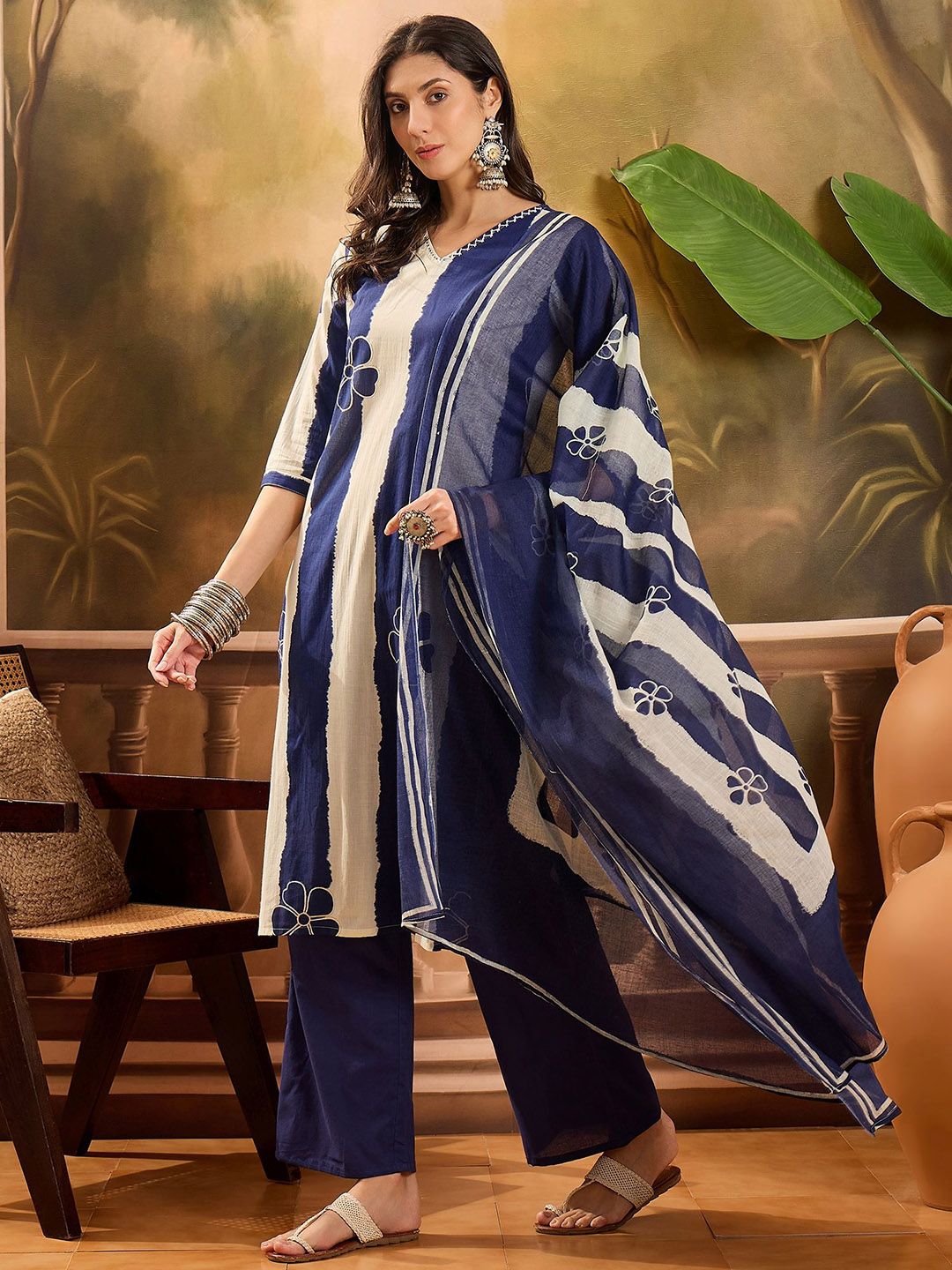 Dhiyona SN Women's Floral Printed V-Neck Pure Cotton Straight Kurta With Trousers And Dupatta