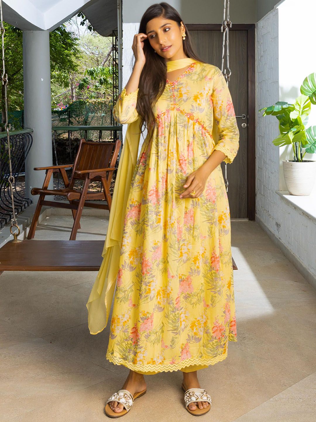 Dhiyona SN Women's Yellow Floral Printed Empire Pure Cotton Anarkali Kurta With Trousers & Dupatta