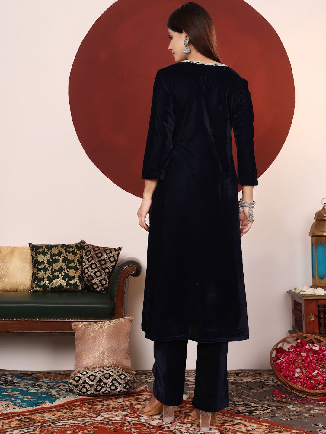 Dhiyona VA Women's V Neck Zari Embroidered Velvet Kurta with Trouser