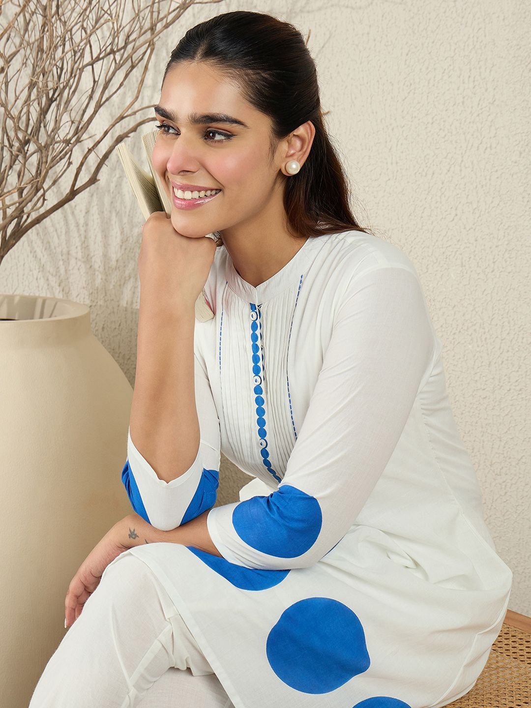 Printed Pleated Thread Work Pure Cotton Kurta With Trousers