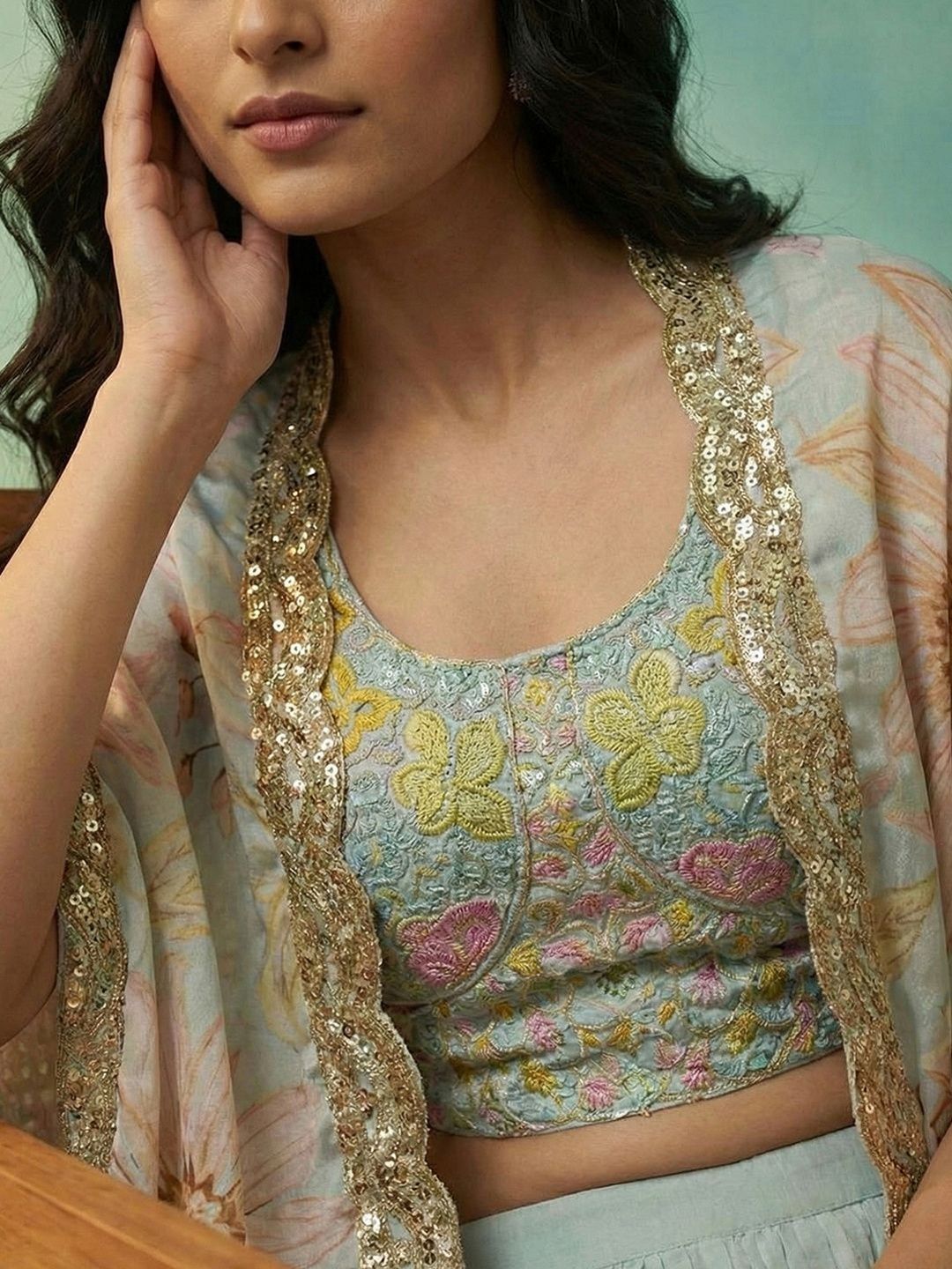 Dhiyona CH Women Floral Printed Layered Sequinned Kurta with Palazzos & With Dupatta