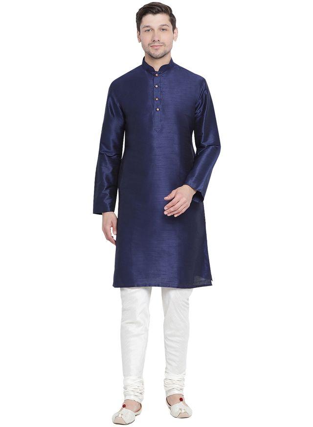 Men's Dark Blue Silk Blend Straight Kurta Pyjama Set