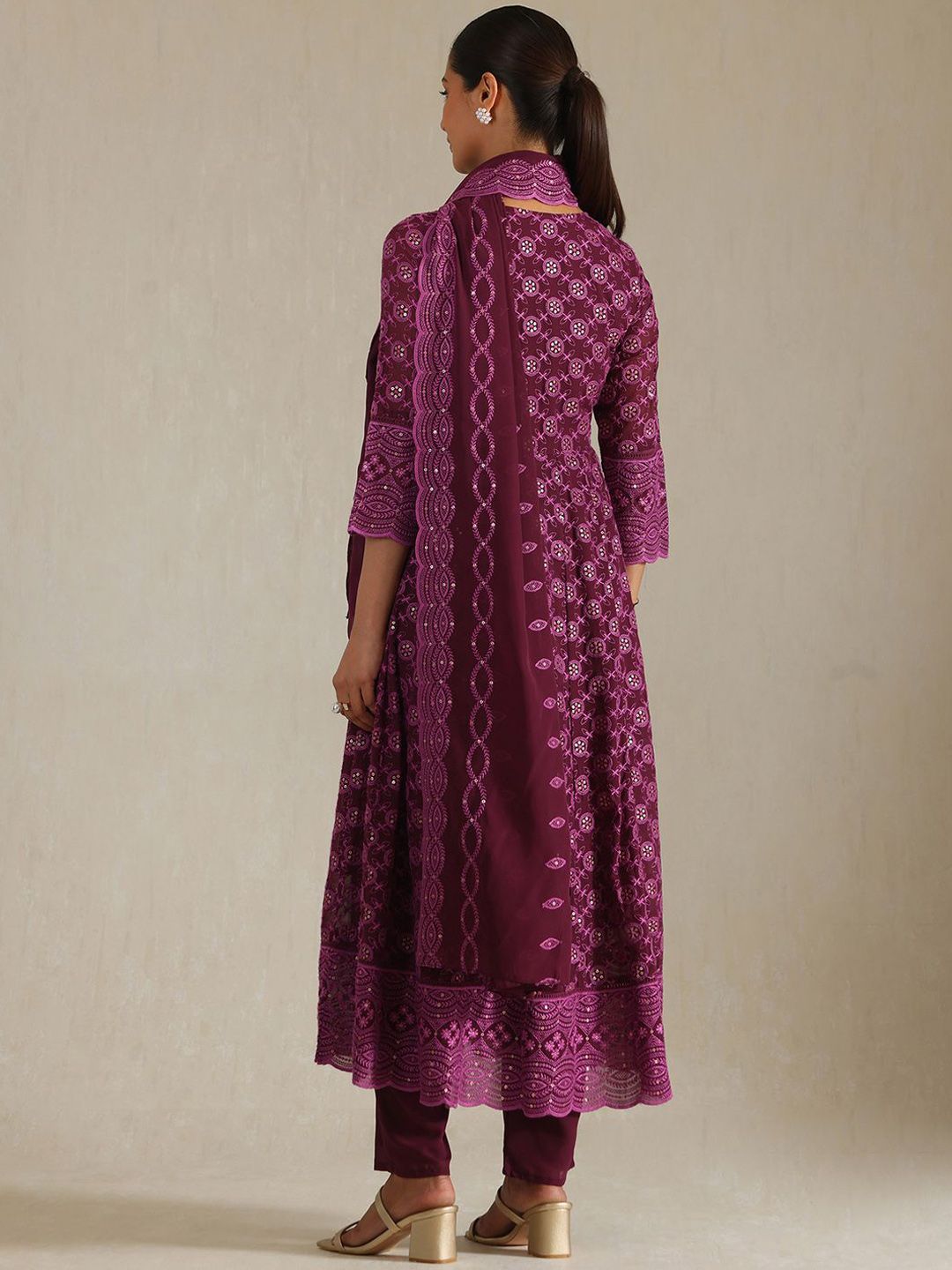 Dhiyona SO Women's Geometric Embroidered Thread Work Georgette Anarkali Kurta With Trousers And Dupatta