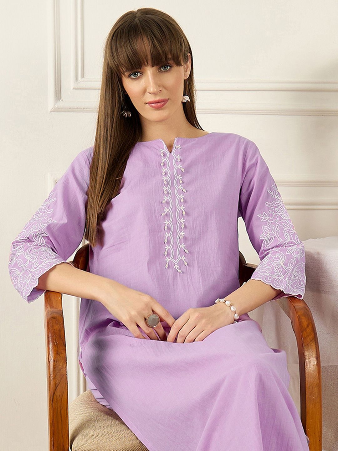 Floral Printed Thread Work Pure Cotton Kurta With Palazzos