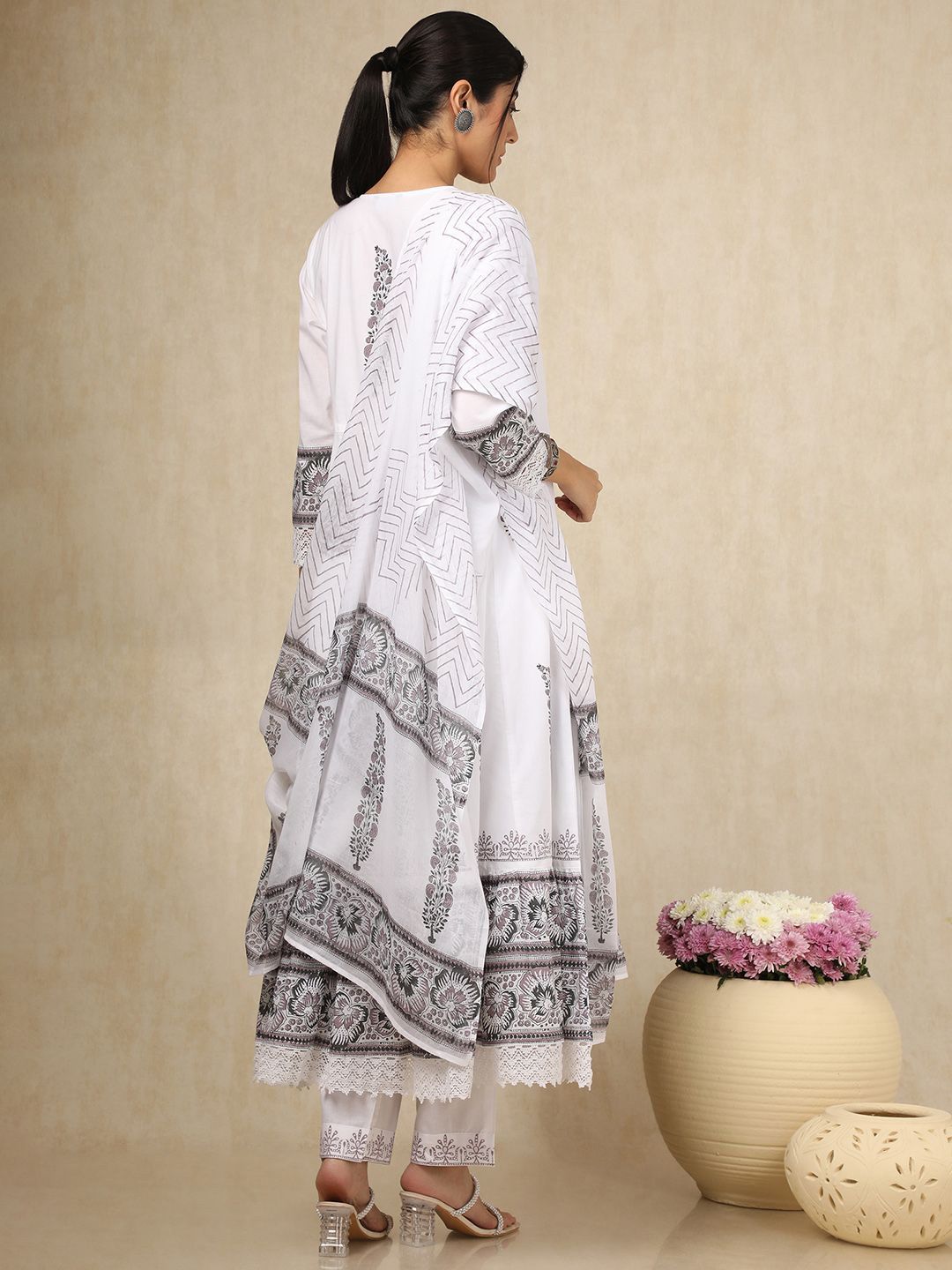 Dhiyona SO Women's Paisley Printed Sequinned V-Neck Anarkali Kurta With Trousers & Dupatta