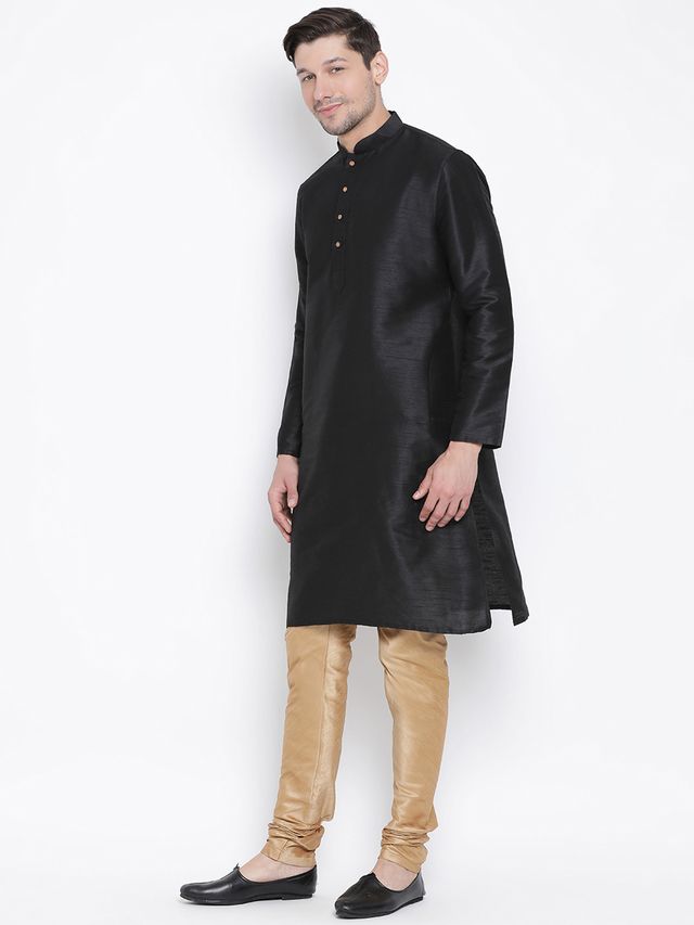 Men's Black Silk Blend Straight Kurta Pyjama Set