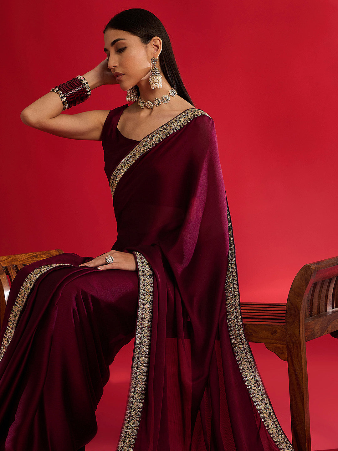 Women's Satin Magenta Embellished Designer Saree With Blouse Piece