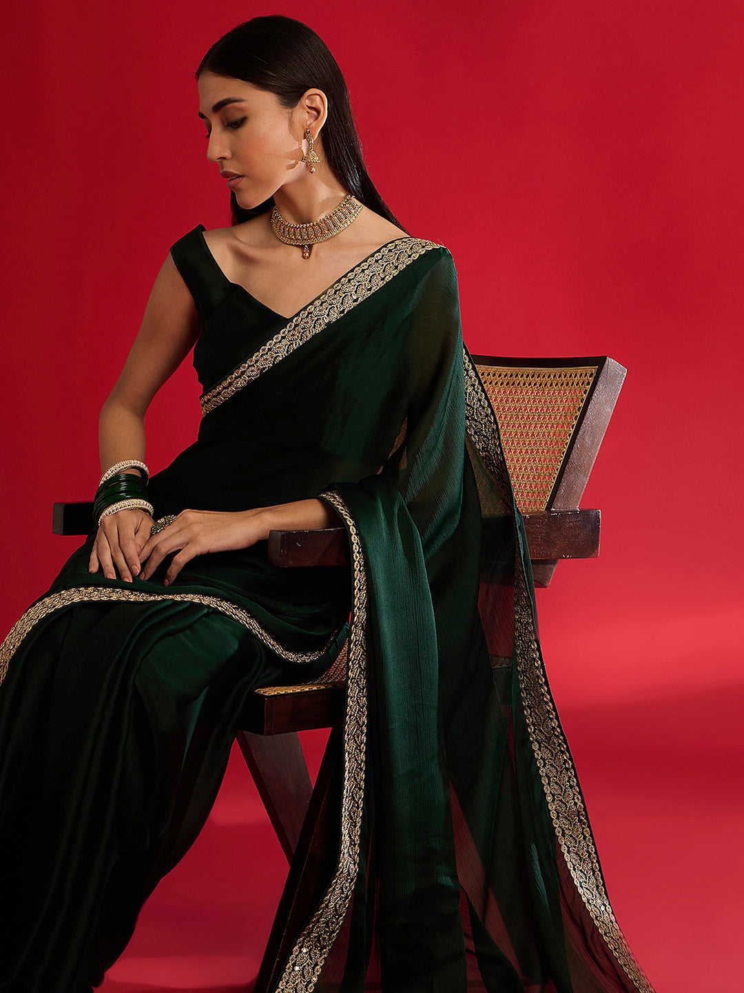 Women's Satin Dark Green Embellished Designer Saree With Blouse Piece