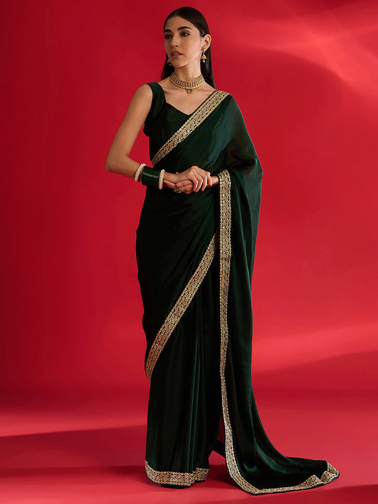 Women's Satin Dark Green Embellished Designer Saree With Blouse Piece