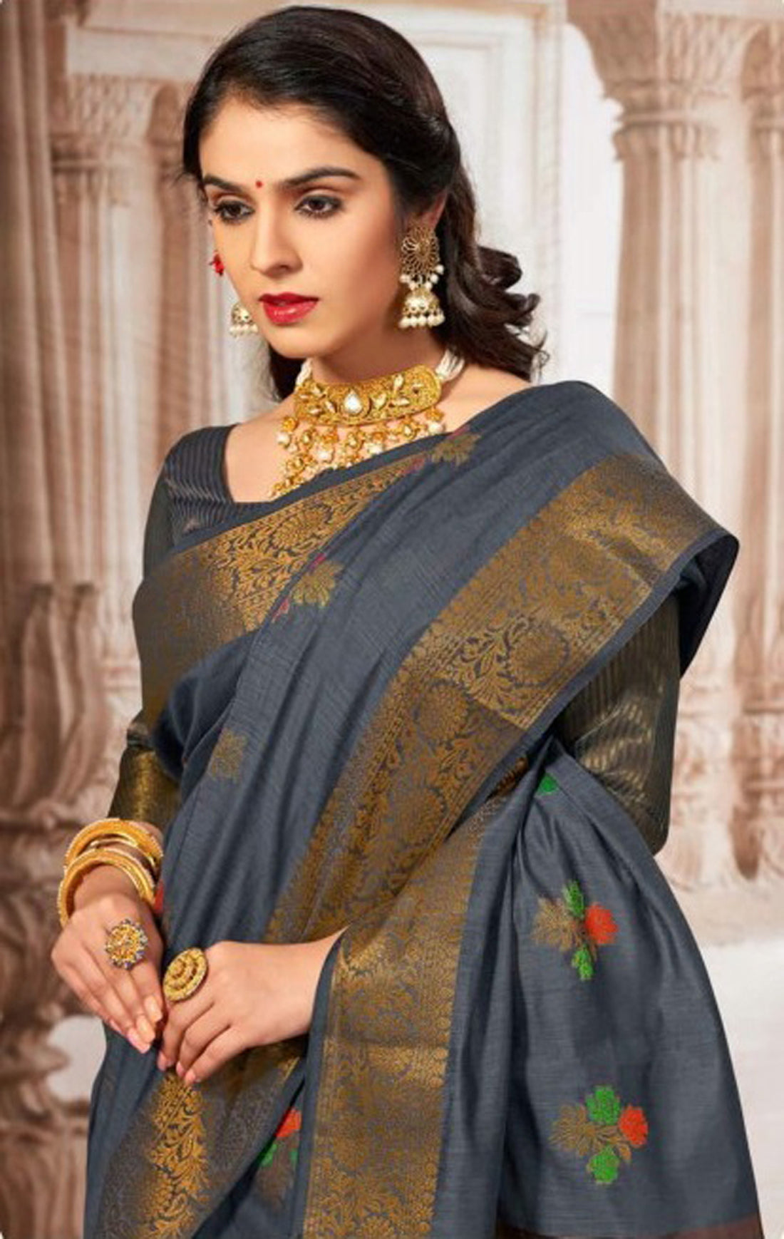 Dhiyona GR Women's Radhika Charcoal Grey Zari Woven Design Chanderi Cotton Saree