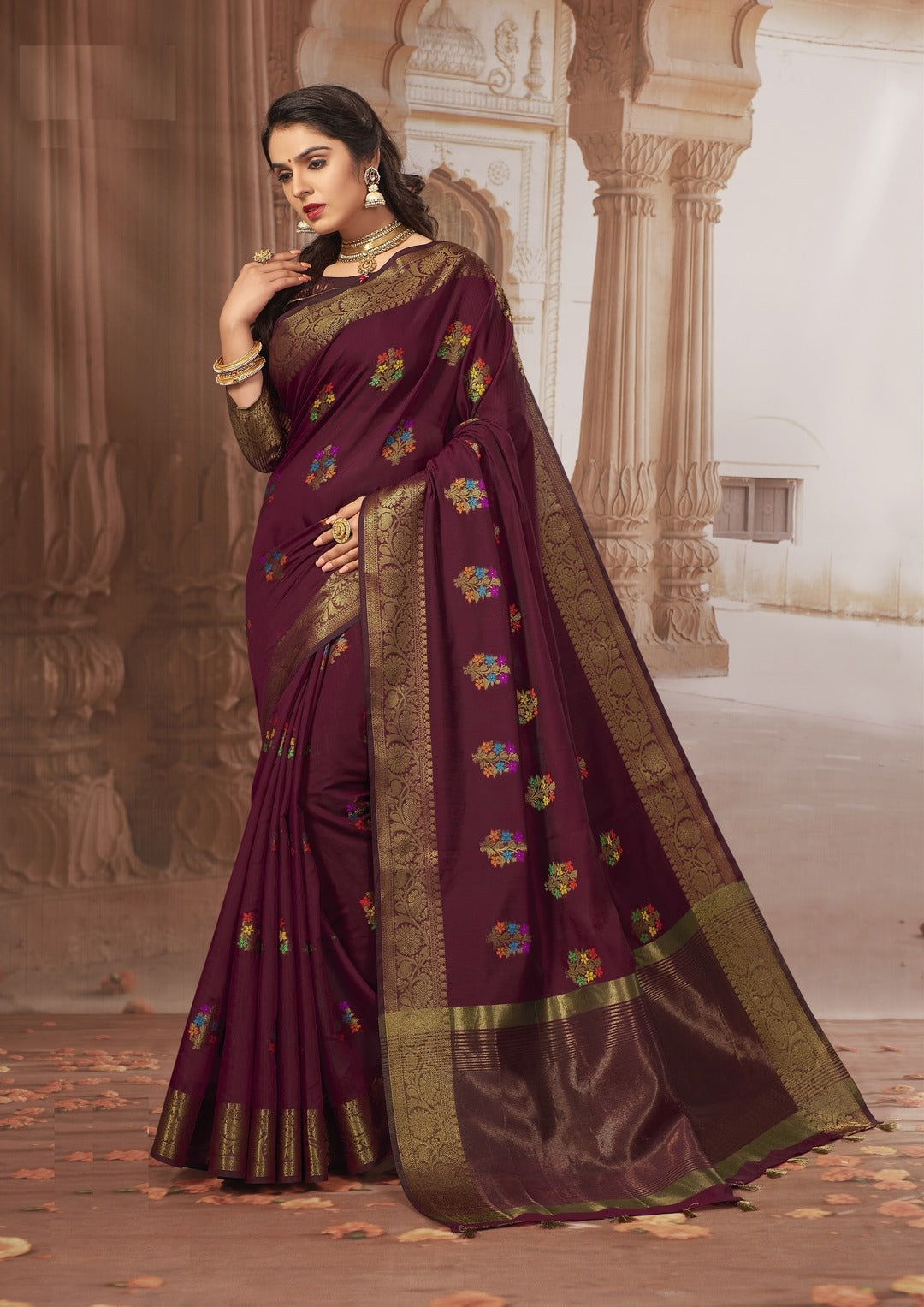 Dhiyona GR Women's Radhika Dark Chocolate Maroon Zari Woven Design Chanderi Cotton Saree