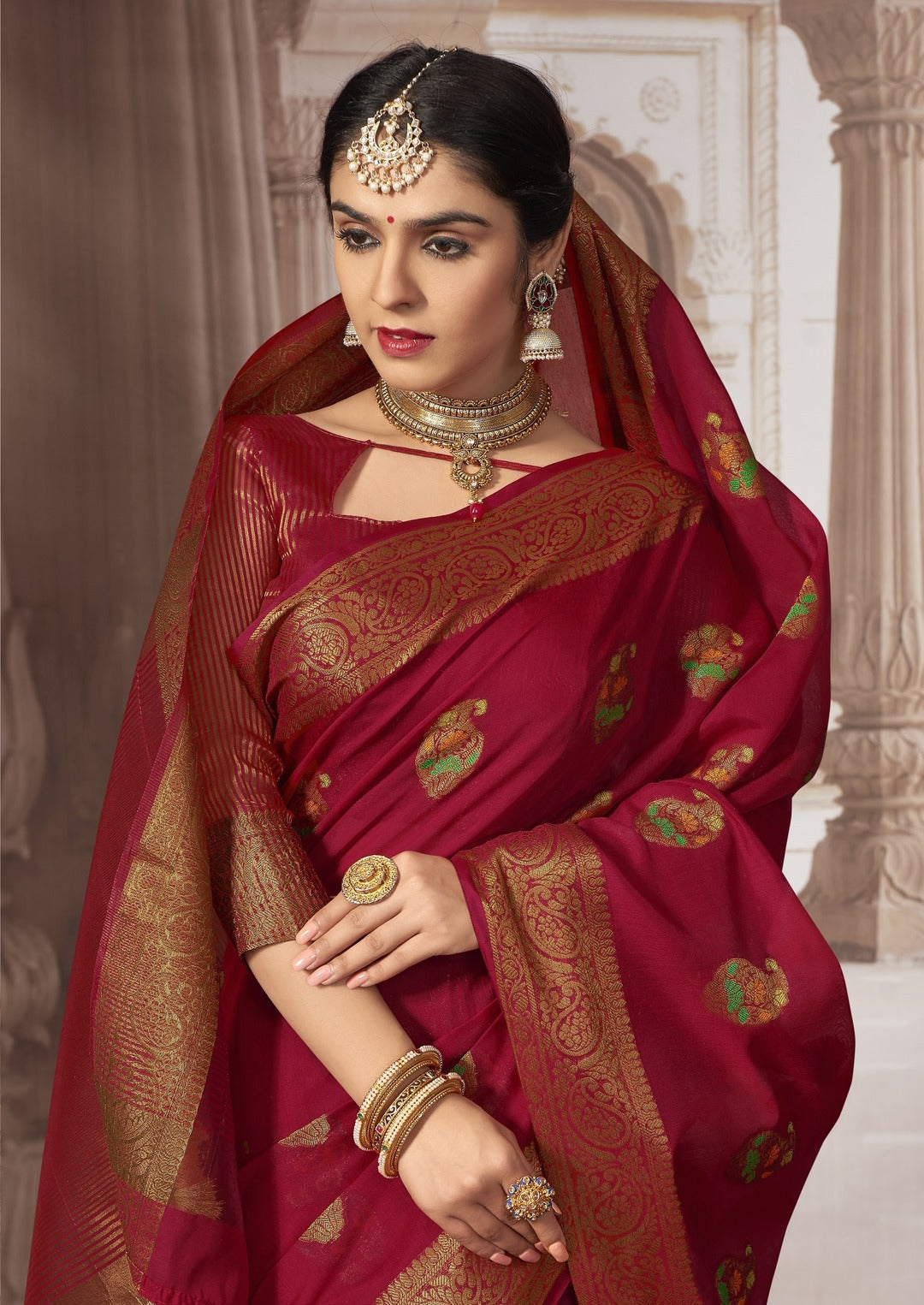 Dhiyona GR Women's Radhika Tomato Red Zari Woven Design Chanderi Cotton Saree