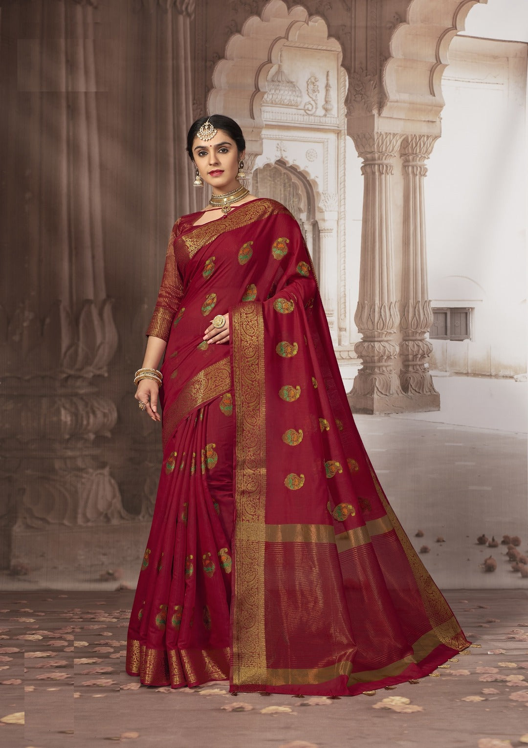 Dhiyona GR Women's Radhika Tomato Red Zari Woven Design Chanderi Cotton Saree