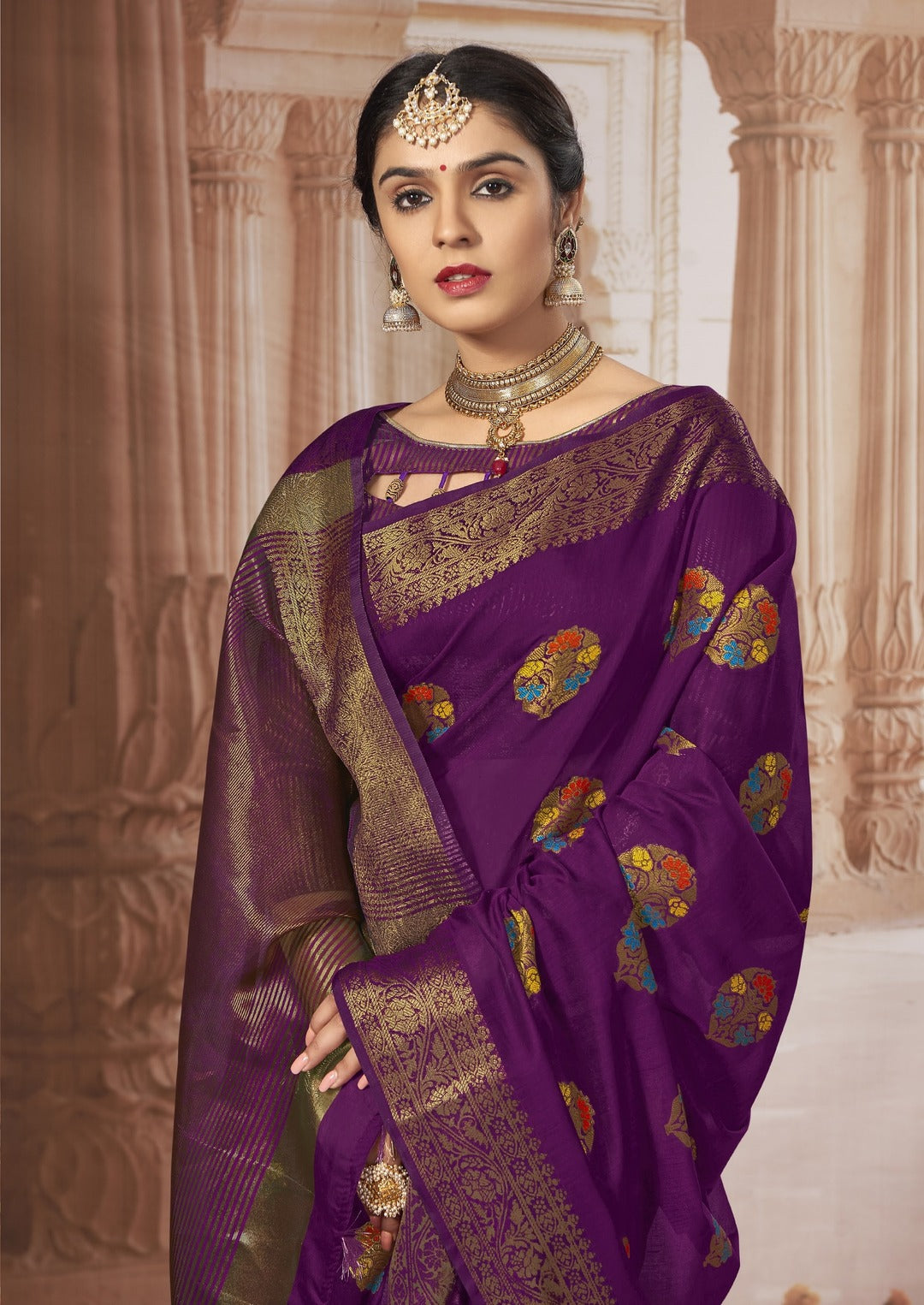 Dhiyona GR Women's Radhika Palatinate Purple Zari Woven Design Chanderi Cotton Saree