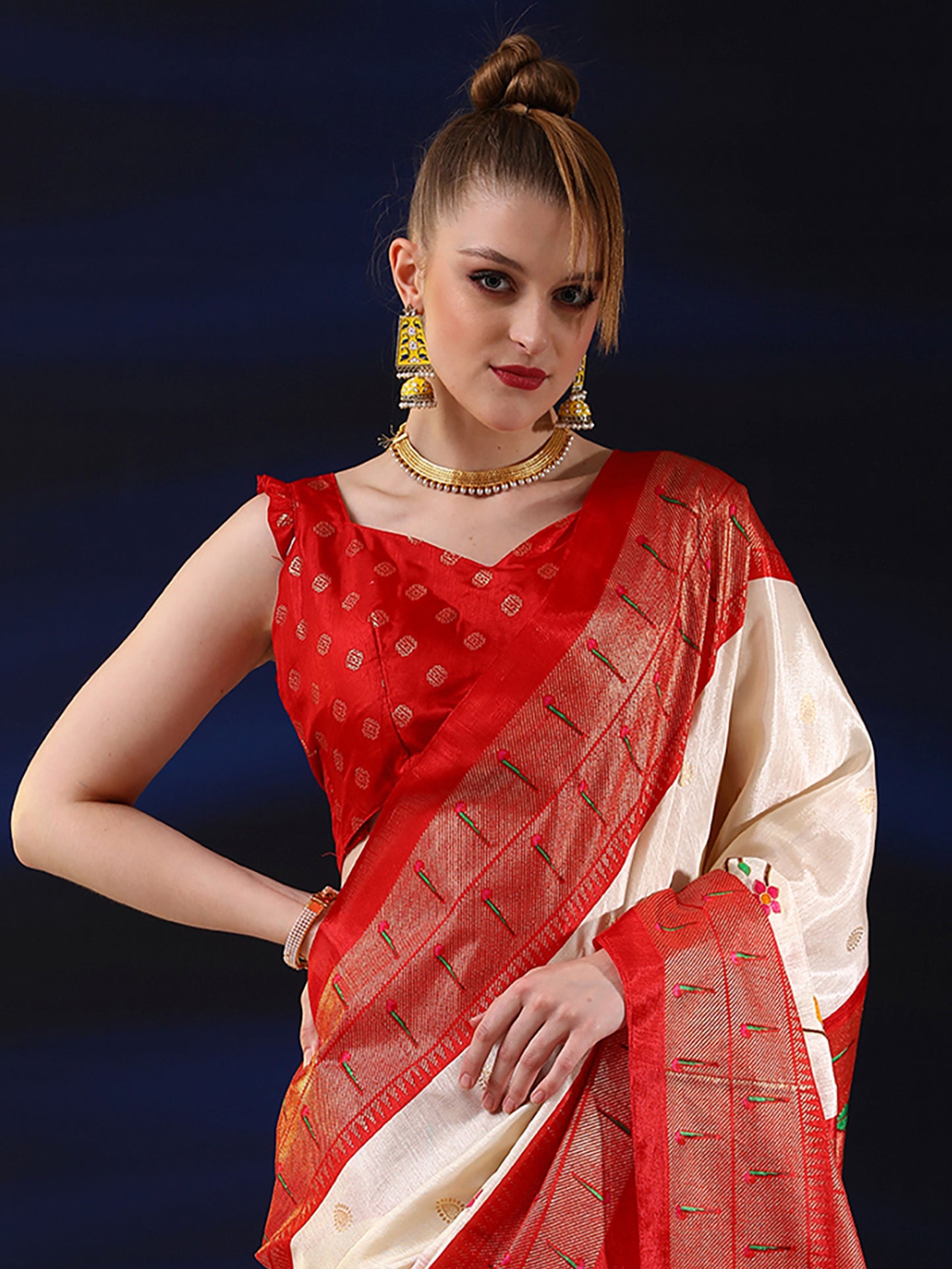 Women's Dola Silk Cream Printed Designer Saree With Blouse Piece