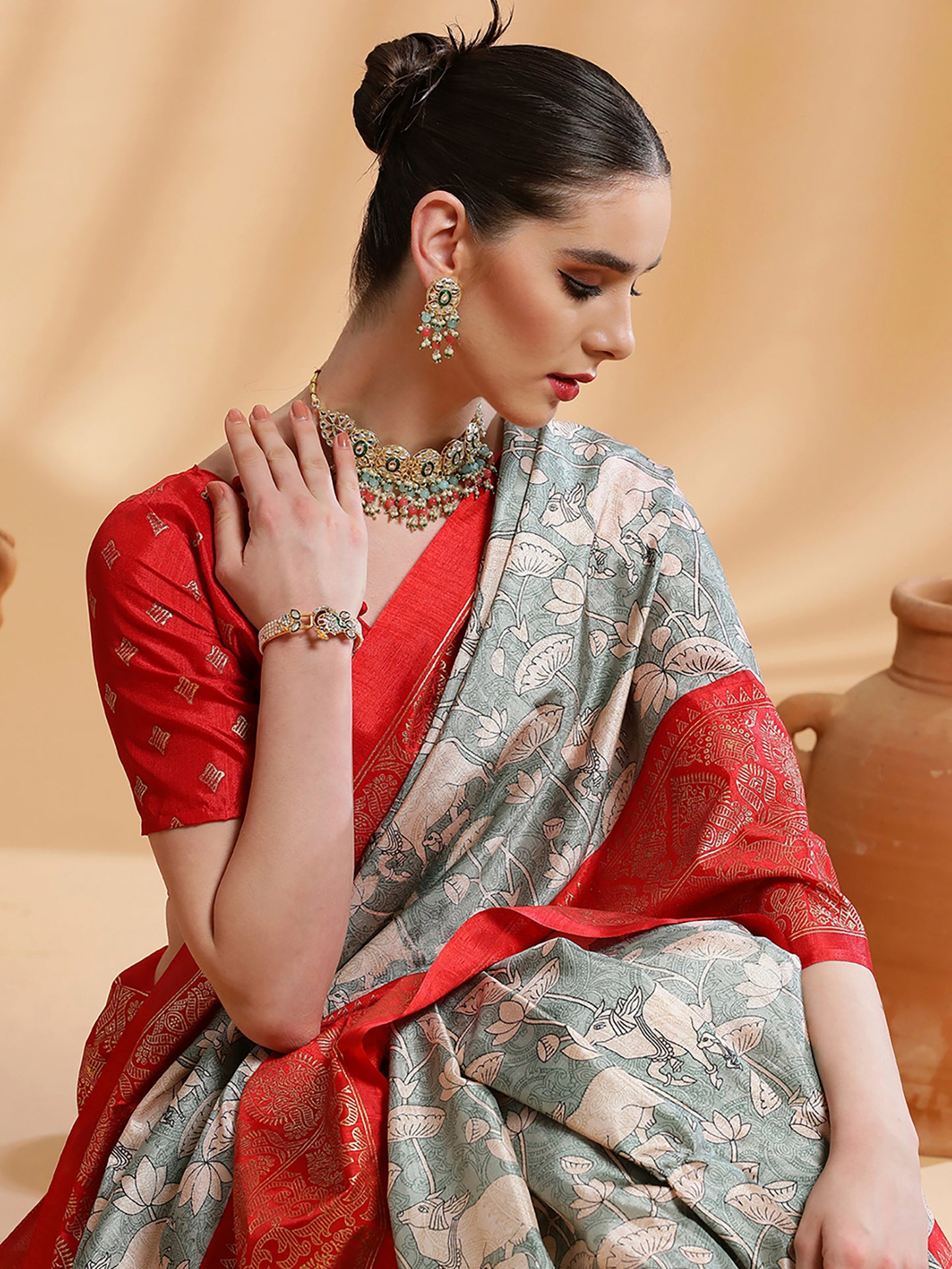 Women's Dola Silk Sea Green Printed Designer Saree With Blouse Piece