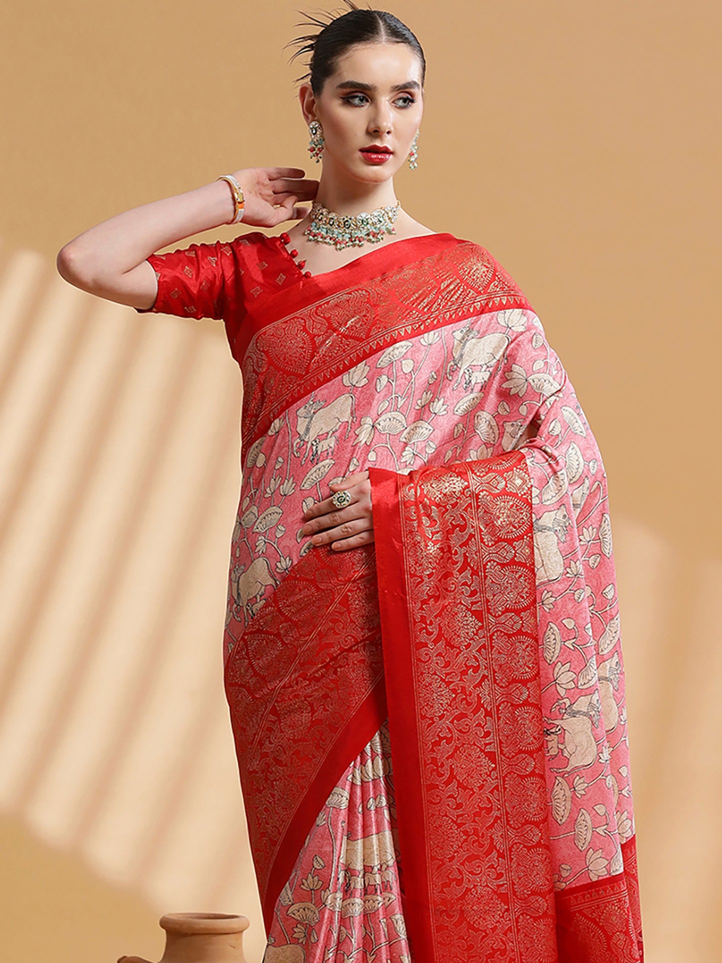 Women's Dola Silk Red Printed Designer Saree With Blouse Piece