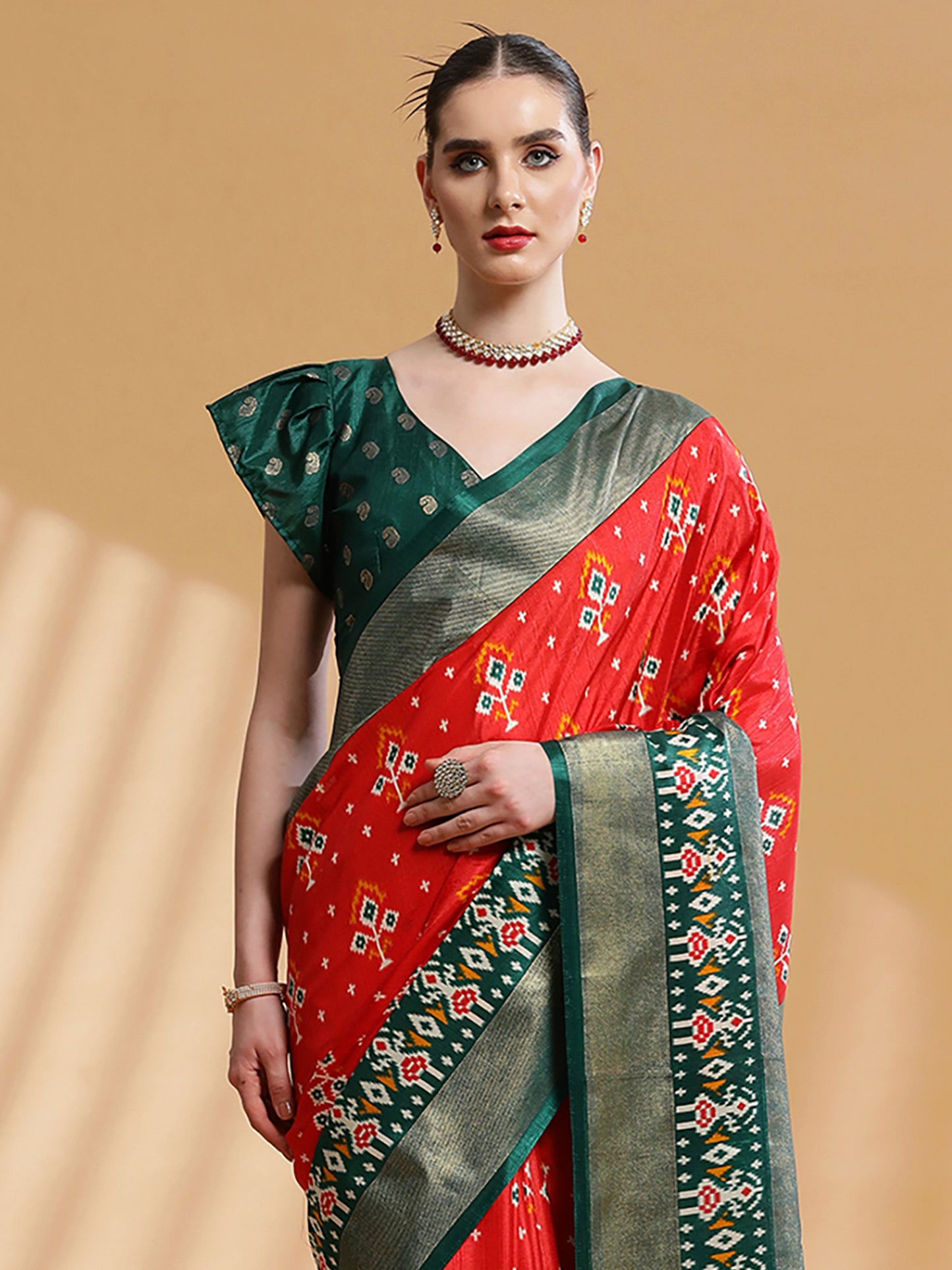 Women's Dola Silk Red Printed Designer Saree With Blouse Piece