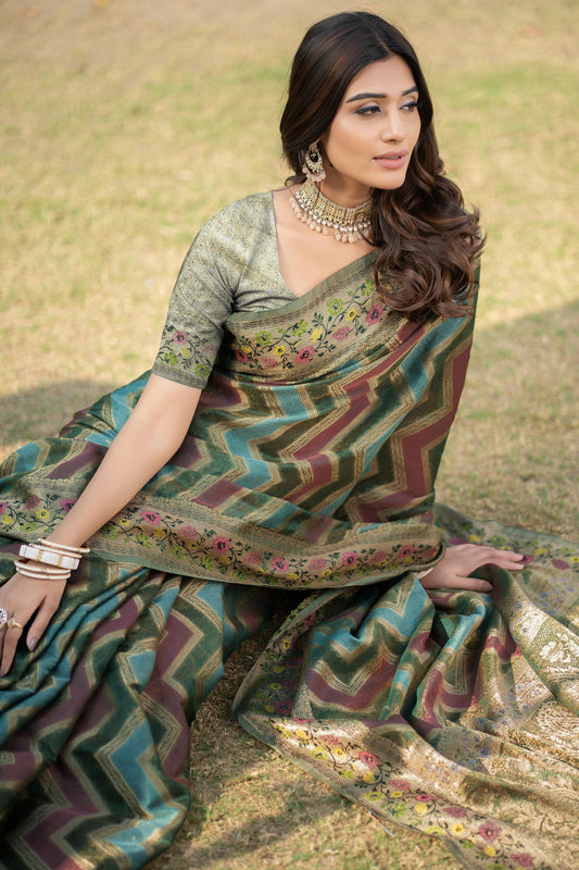 Dhiyona GR Women's Rangkat Pickle Green Leheriya Design Banarasi Organza Saree