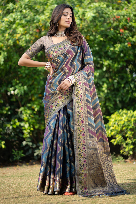Dhiyona GR Women's Rangkat Lapis Lazuli Teal Leheriya Design Banarasi Organza Saree