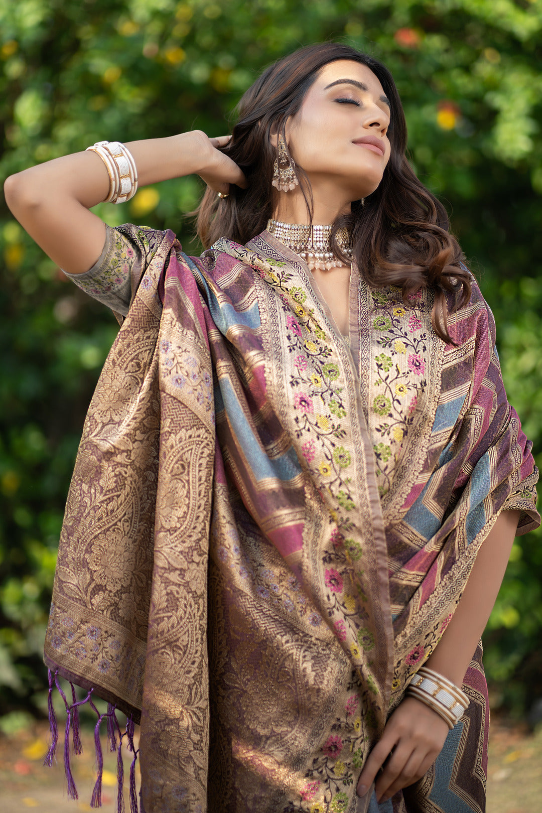Dhiyona GR Women's Rangkat Purpureus Wine Leheriya Design Banarasi Organza Saree